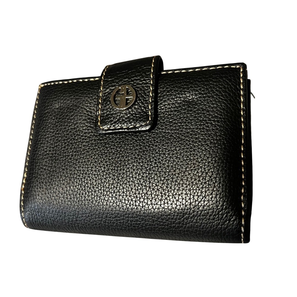 Giani Bernini Black Pebbled Leather Bifold Wallet Kiss Lock Coin Silver Logo